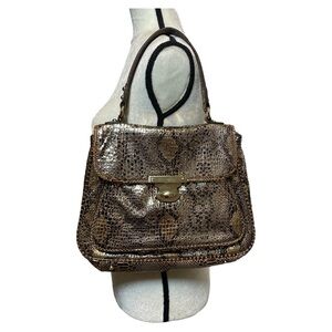 Metallic Brown Snake-Embossed Top-Handle Satchel